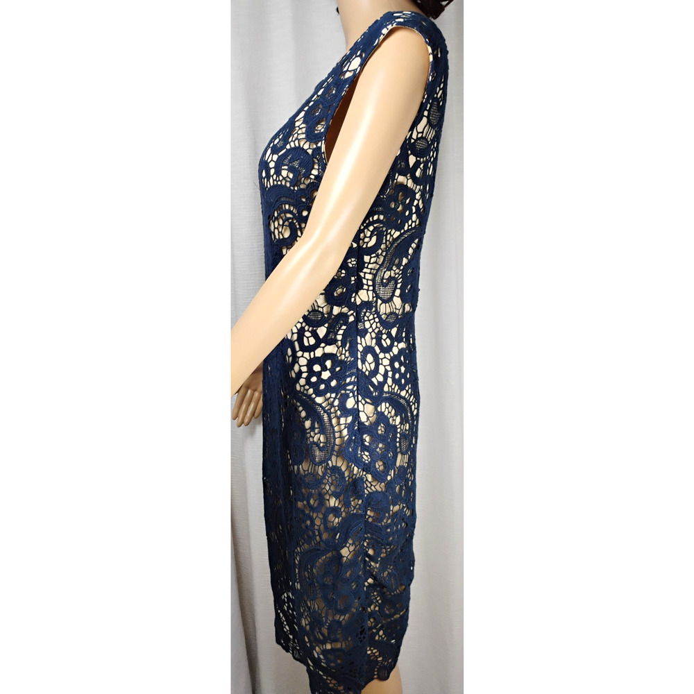 Crochet Lace Sheath Dress Midi Sleeveless V Back Nude Lining Cocktail Wedding - Picture 2 of 16